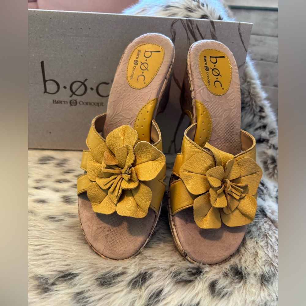 b.o.c. Yellow Floral Leather Slide Mules